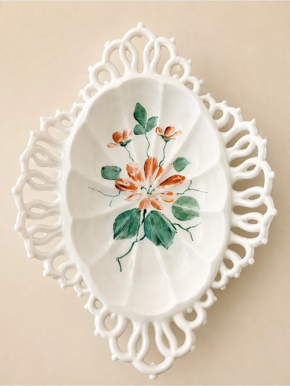Antique EAPG Milk Glass Floral Openwork Bowl - White,Orange & Green